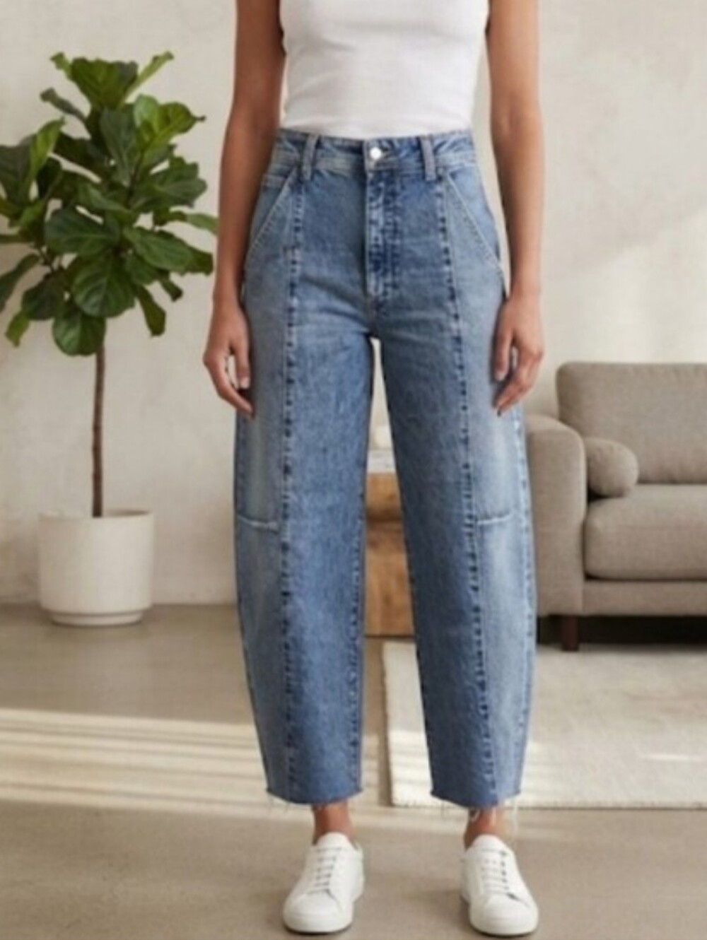 Barrel Leg Horseshoe High Waisted Boutique Blue Denim Jeans With Raw Hem